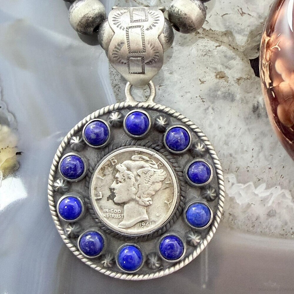 Genuine 1941 90% Silver Mercury Dime Coin W/Lapis Decorated Unisex Pendant #1
